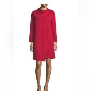 Joan Vass Red long sleeve drape front dress with pockets.